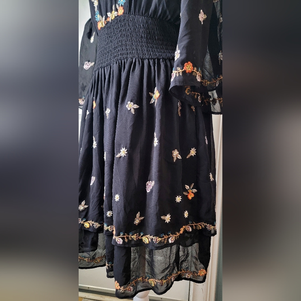 Anthropologie Maeve Anfisa Floral Embroidered Chiffon Mini Dress Womens 2 Black - Picture 9 of 16